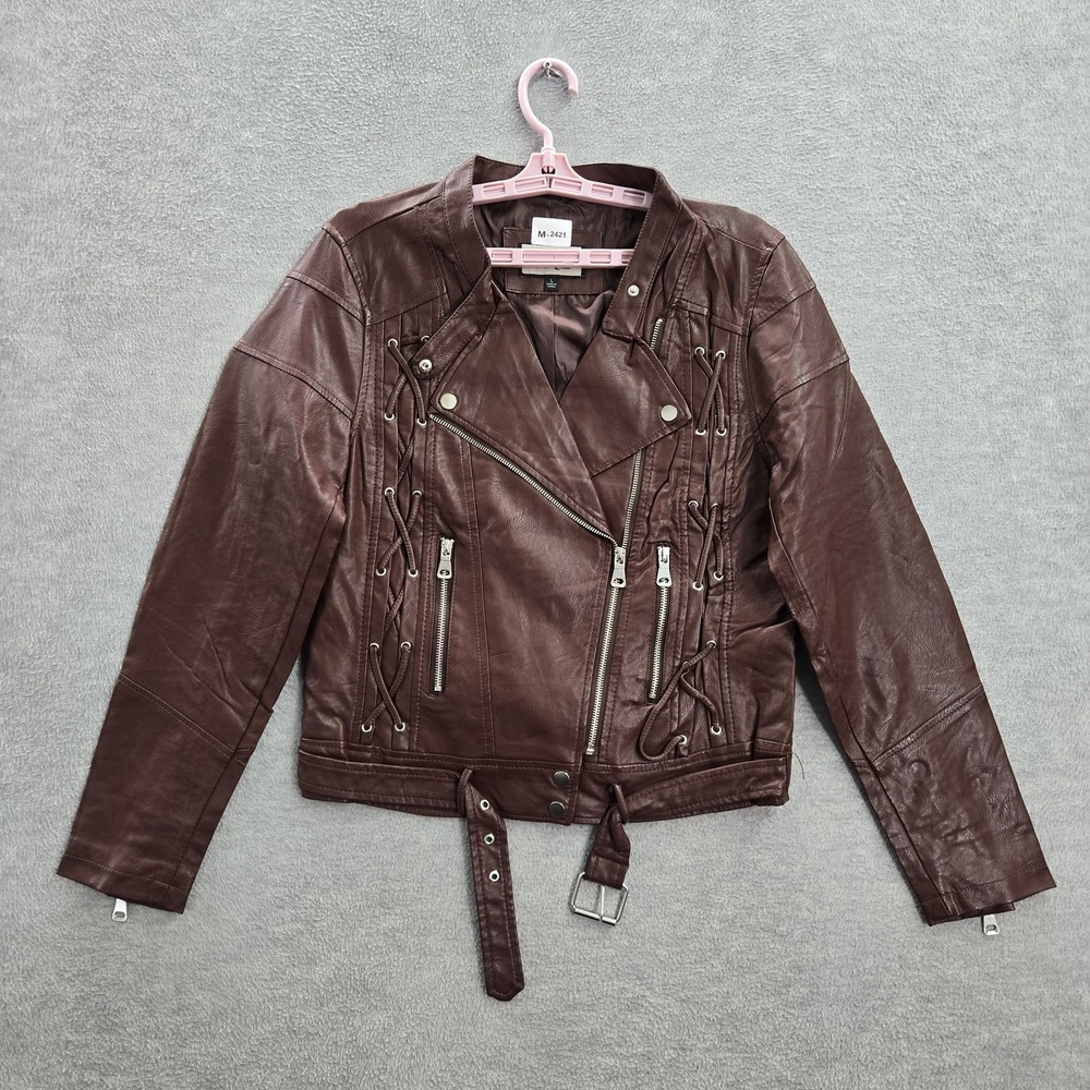 BKE Women‎ Jacket L Brown Moto Western Zipper Buckle Lace Up Faux Leather